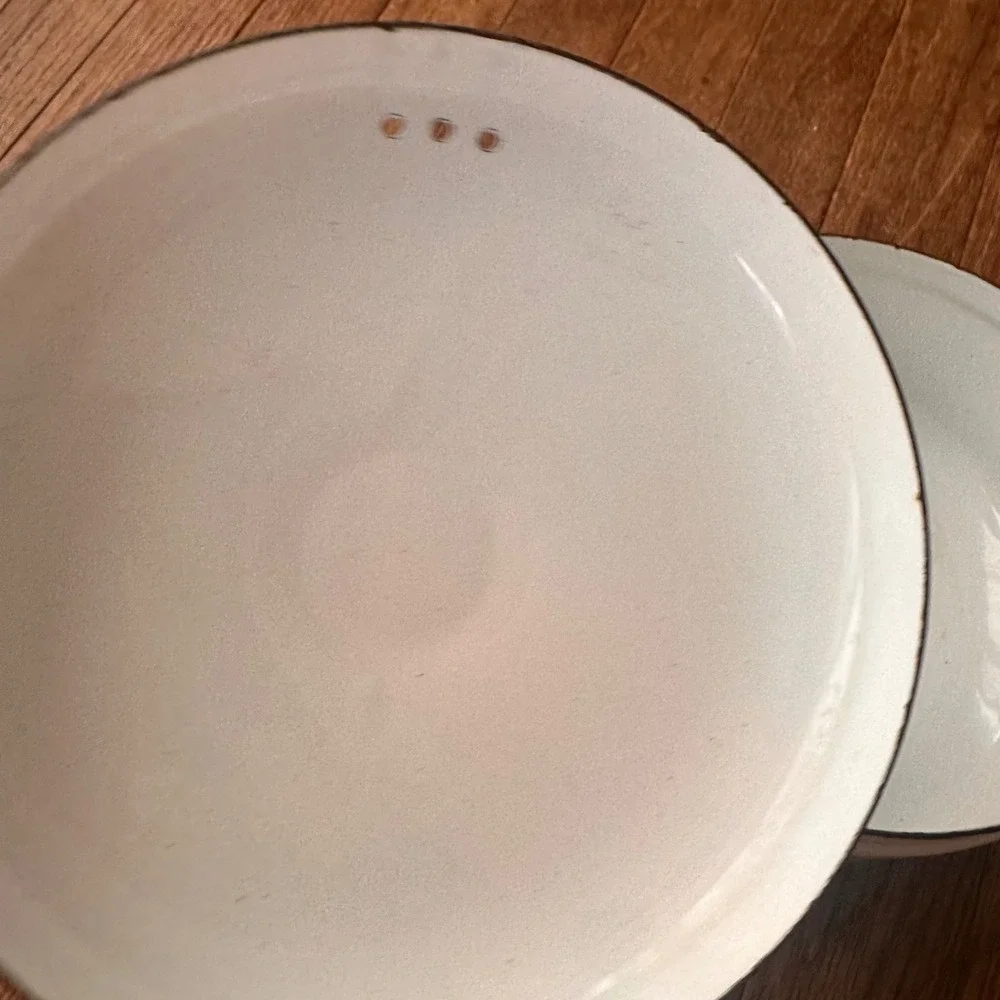 Vintage Enamel Floral Saucepan Unisex 7in Wood Handle White Orange 1970s Kitchen